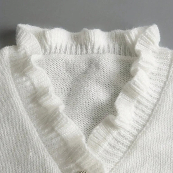 White Casual Women's Autumn/Winter Solid Color Frilled Edge V-Neck Sweater - Picture 4 of 6